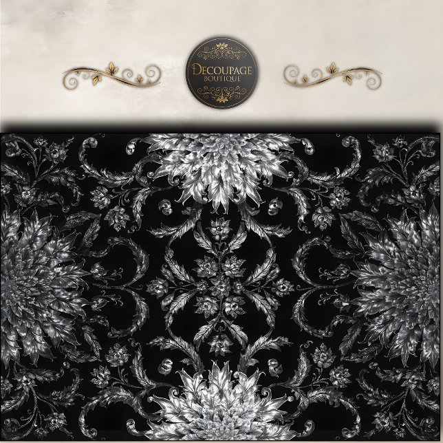 Papel De Seda Decoupagem Damasco Floral Preto (Black Floral Scroll Damask Decoupage Tissue Paper)