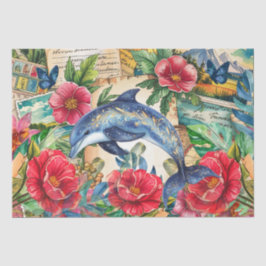 Papel De Seda Decoupagem de Borboleta e Flor Tropical Dolphin Az