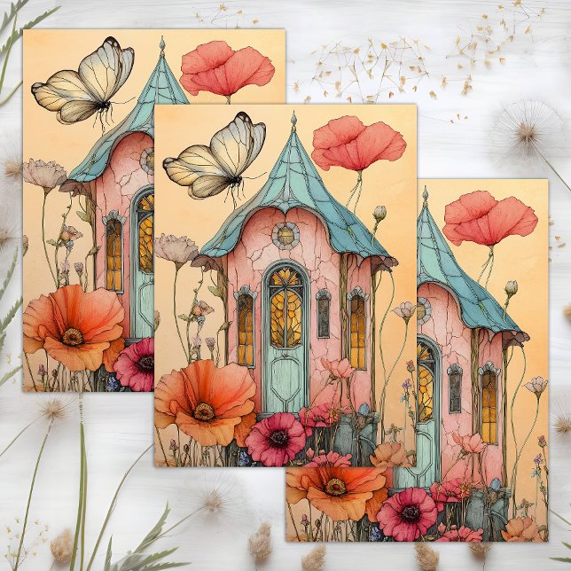 PAPEL DE SEDA DECOUPAGEM DE CASA DE JARDIM PARA BRINQUEDOS (WHIMSICAL GARDEN FAIRY HOUSE DECOUPAGE TISSUE PAPER)