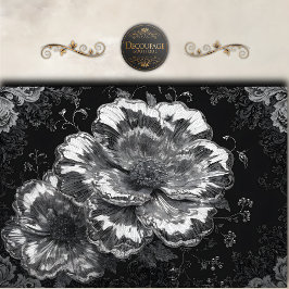Papel De Seda Decoupagem Floral Preto Branco Damasco