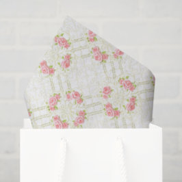 Papel De Seda Delicate Gold Scrollwork & Pink Roses Floral