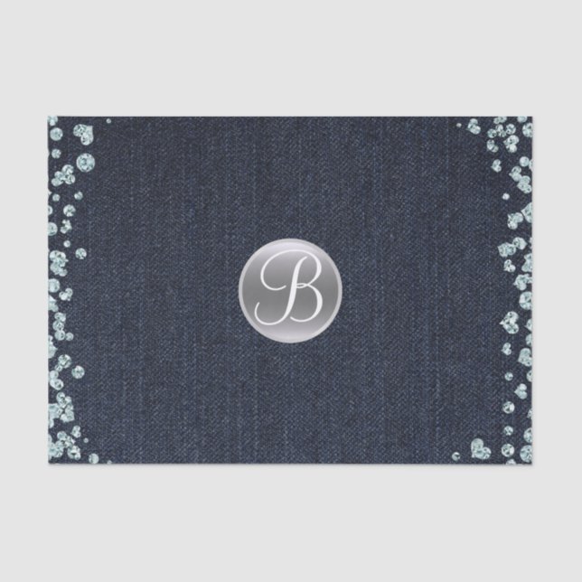 Papel De Seda Denim Diamantes Sparkle Monograma Inicial (Frente )