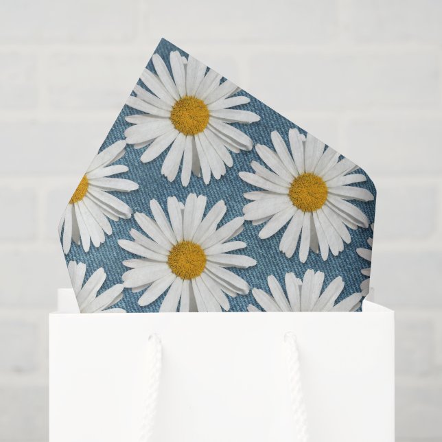 Papel De Seda Denim Escuro e Margarida Branca Flores de Borbolet (Sacola de presentes)