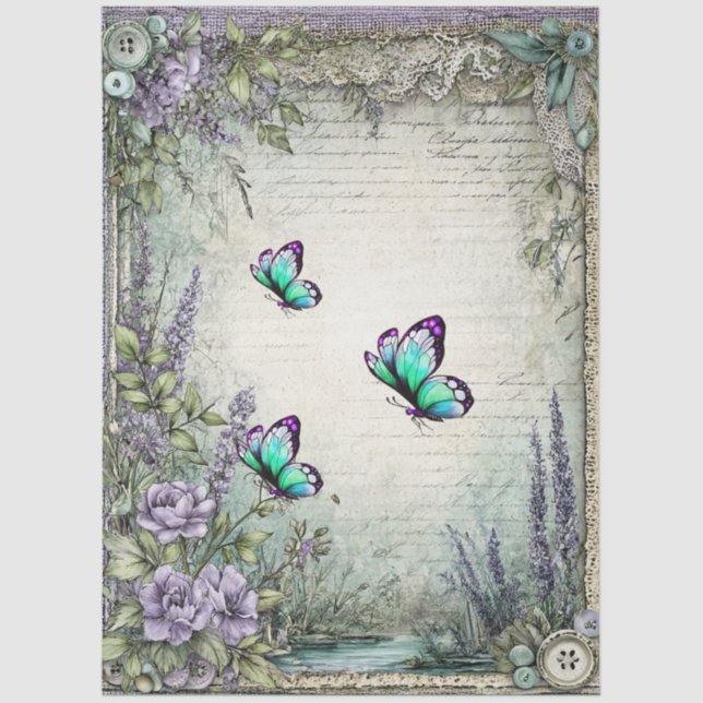 Papel De Seda Denim & Lace Floral Fantasia Borboletas Decoupage (Frente )