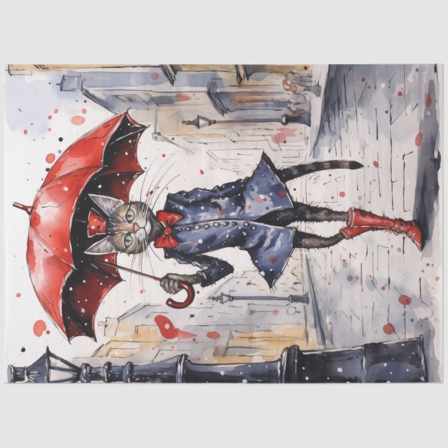 Papel De Seda Desacoplamento Gato com guarda-chuva vermelha cami (Frente )