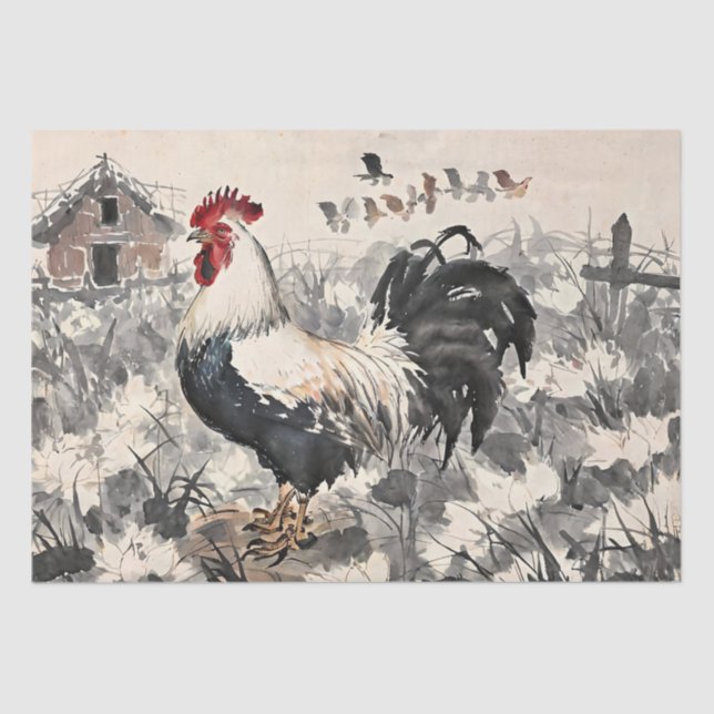 Papel De Seda Desanexação de Pintura em Tinta Chinesa Rooster (Frente )