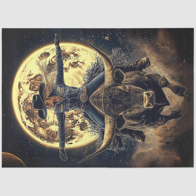 Papel De Seda Descamação Cowgirl Andando Touro em Lua (Frente )