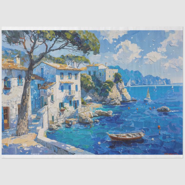 Papel De Seda Descamação Impressionista Costeira Mediterrânica (Frente )
