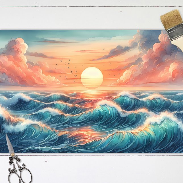 Papel De Seda Descapa de Aquarela Sunset Beach Waves (Criador carregado)