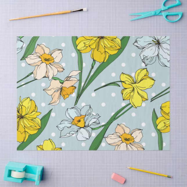 Papel De Seda Descoberta retrofloral amarela azul (Arte )