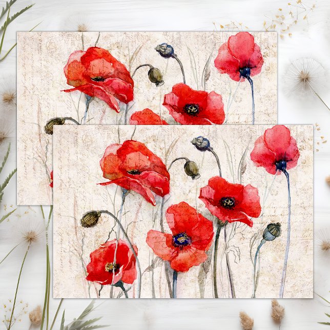 PAPEL DE SEDA DESCOLAGEM DE MÍDIA MISTURADA DE POPÉCIES VERMELHA (RED POPPIES DISTRESSED MIXED MEDIA DECOUPAGE TISSUE PAPER)