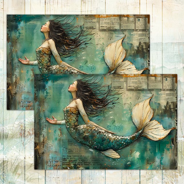 PAPEL DE SEDA DESCOUPAÇÃO DE MÍDIA MISTA DE MERMAID DISTRESSADA (DISTRESSED MERMAID MIXED MEDIA DECOUPAGE TISSUE PAPER)