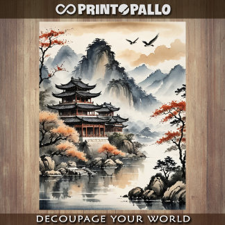 Papel De Seda Desenho a tinta Pagode Japonesa no lago de outono
