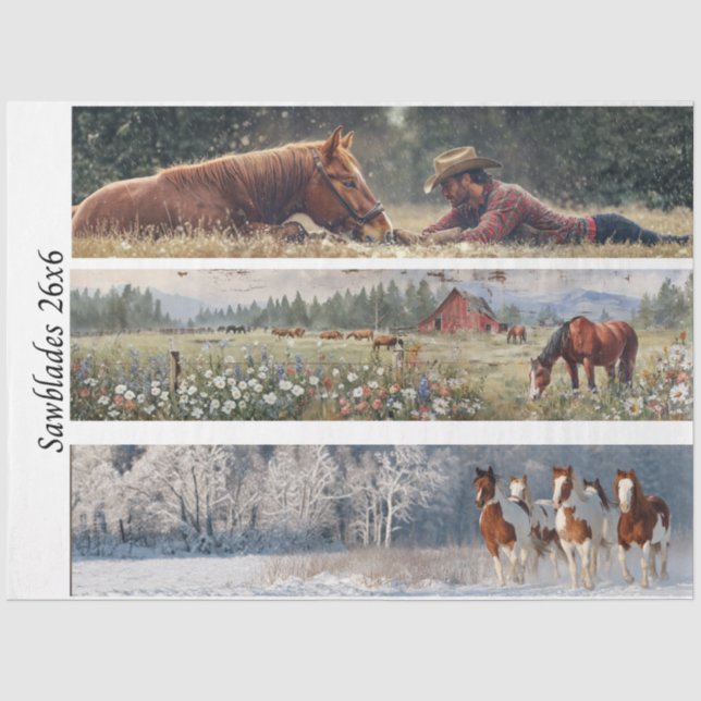 Papel De Seda Desenho de Serra de Mão Decoupage Cowboy, Celeiro  (Frente )