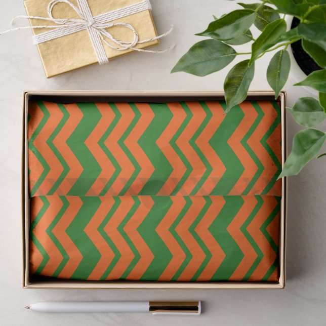 Papel De Seda Desenho de Ziguezague Chevron Verde Laranja  (Presente)