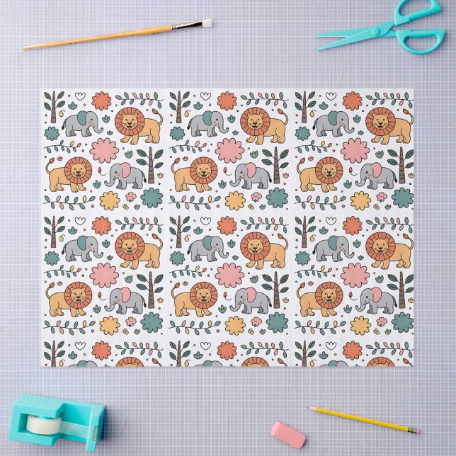 Papel De Seda Desenho estampado com leões e elefantes divertidos (Criador carregado)