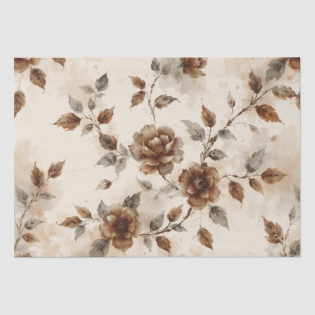 Papel De Seda Desenho Floral Marrom e Cinza (Frente )