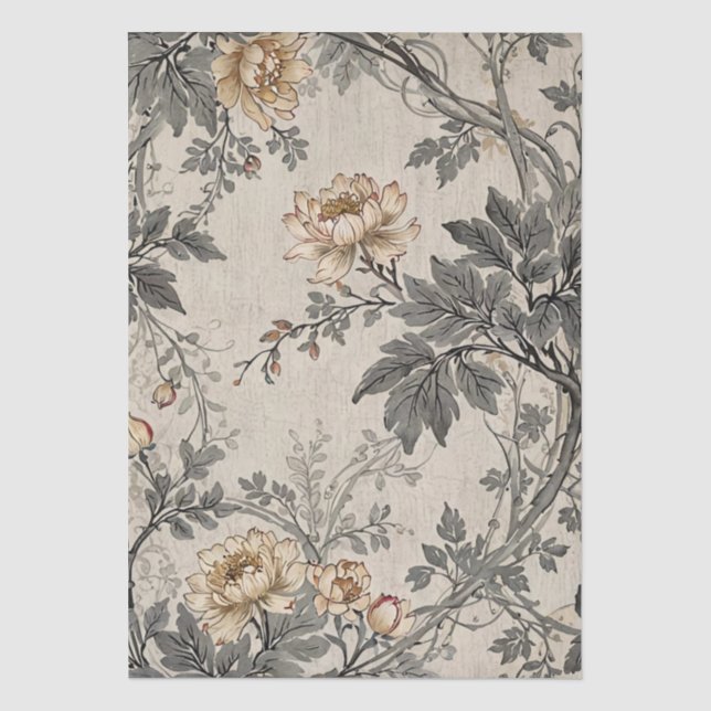 Papel De Seda Desenho Floral Marrom e Cinza (Frente )