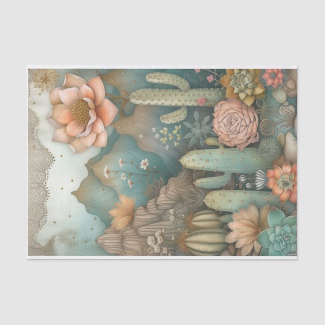 Papel De Seda Desert Succults Watercolor Decoupage (Frente )
