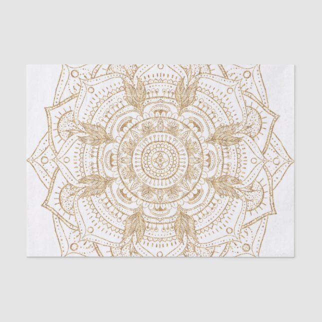 Papel De Seda Design de Desenho de Mão de Mandala Branco e Doura (Frente )