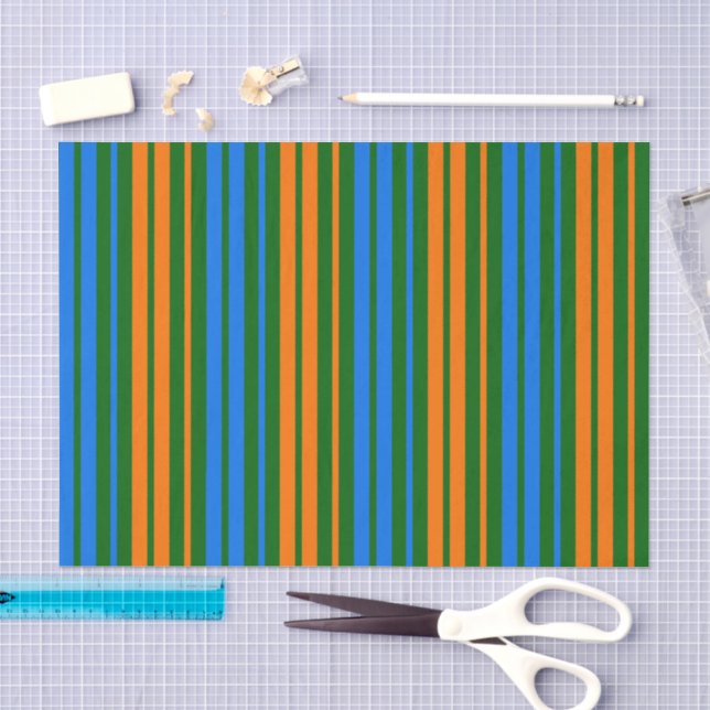Papel De Seda Design de Listras Verticais Laranja Verde Azul   (Arte )
