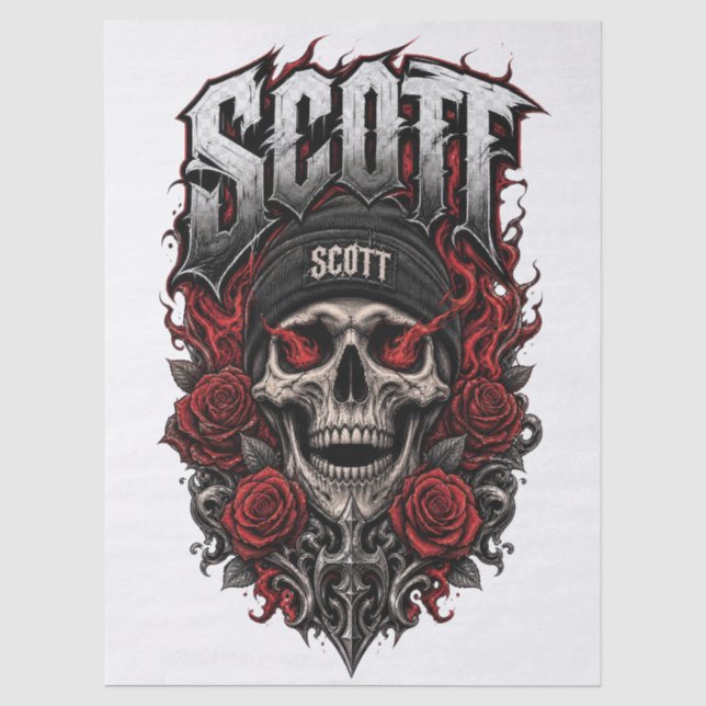 Papel De Seda Design de Nome Personalizado Scott Gothic Skull (Frente )