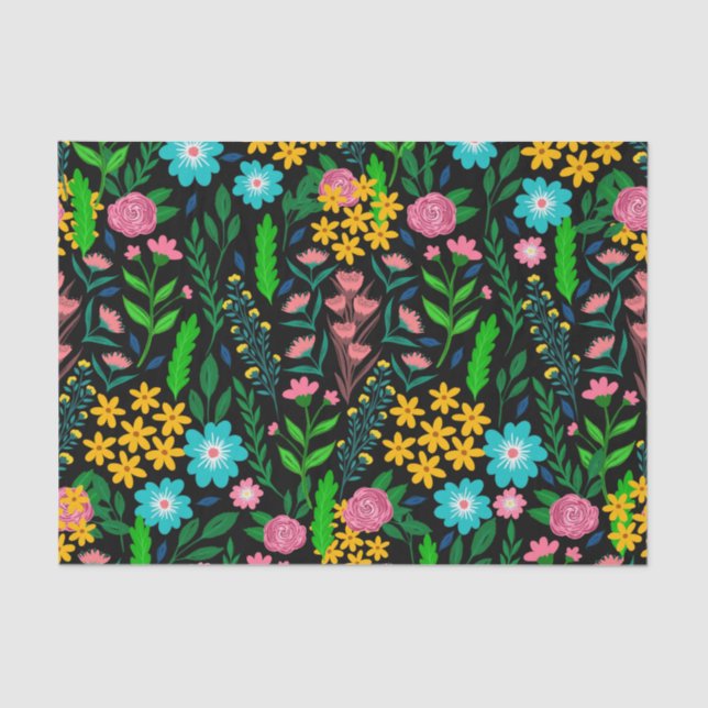 Papel De Seda Design Preto Bonito de Flores Azul-Rosa (Frente )