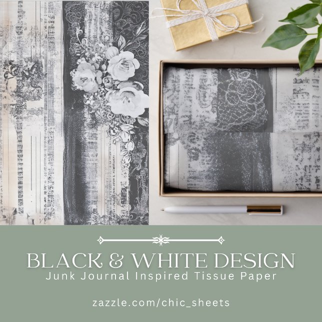 Papel De Seda Design Preto e Branco Inspirado em Junk Journal (Criador carregado)