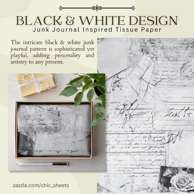 Papel De Seda Design Preto e Branco Inspirado em Junk Journal (Criador carregado)
