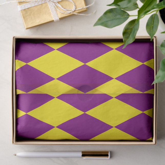 Papel De Seda Design Xadrez Arlequim Amarelo e Roxo (Criador carregado)