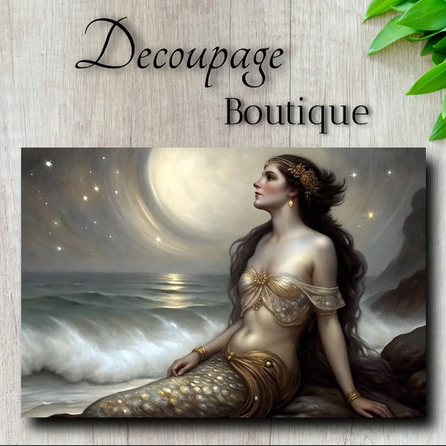 Papel De Seda Desligamento Dourado da Sereia da Lua (Moonlit Gold Mermaid Fantasy Decoupage Tissue Paper)
