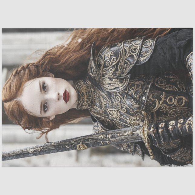 Papel De Seda Desligando Mulher Vermelha Intricando Espada Armad (Frente )