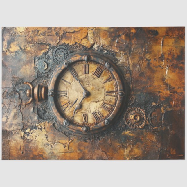 Papel De Seda Desligar Steampunk Patina Rusted Roman Clock (Frente )