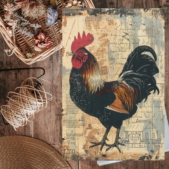 Papel De Seda Desnute de Fazenda de Galinha do Galo Negro (Black Rooster Chicken Farm Animal Decoupage Tissue Paper)