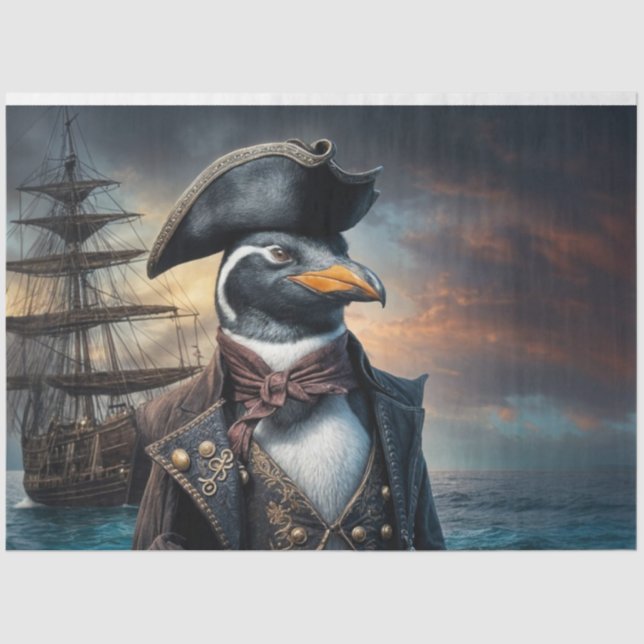 Papel De Seda Desoupage do Capitão Navio Pinguim | Whimsy náutic (Frente )