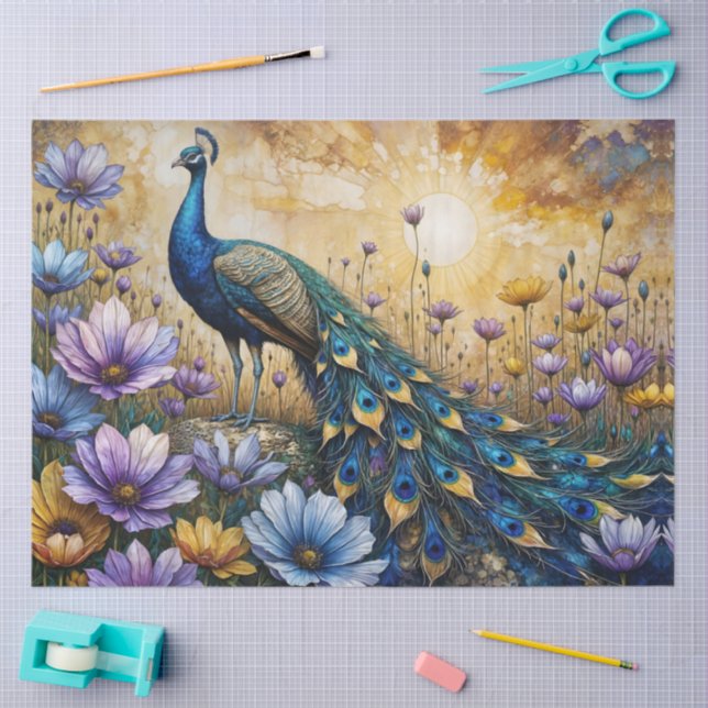 Papel De Seda Detailed Peacock in Floral Landscape (Arte )