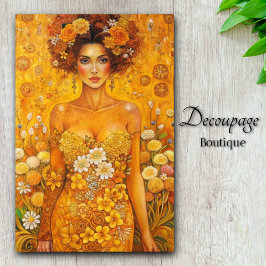 Papel De Seda Deusa do Florescer Dourado Decoupage Floral Luxuos