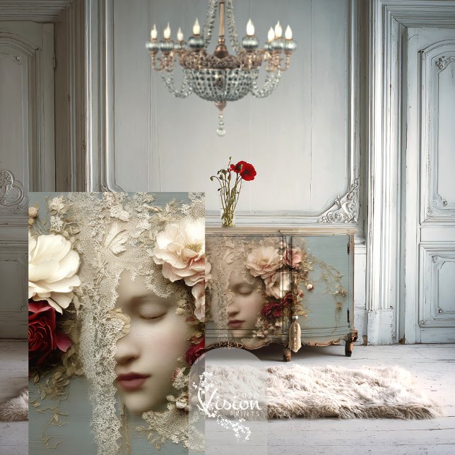 Papel De Seda DEVANEIO EM FLORESCÊNCIA Retrato Abstrato & Renda (Poster Mock up of a woman's face. Eyes closed, immersed in lace & flowers, in French chandelier room)