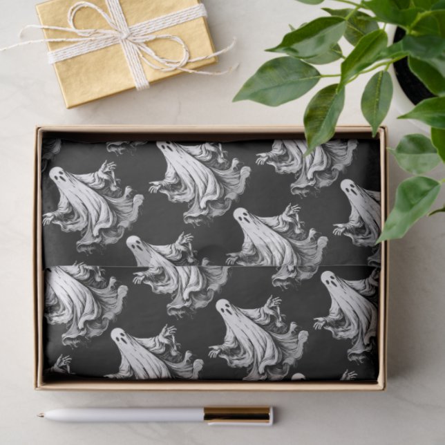 Papel De Seda Dia das Bruxas Spooky com fantasmas preto e branco (Presente)
