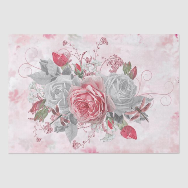 Papel De Seda Diluição de Dragonfly e Rosas Rosa Elegante (Frente )