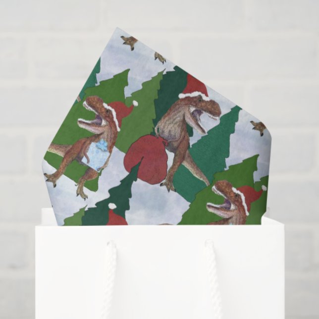 Papel De Seda Dinosaur Christmas T-Rex Santa (Sacola de presentes)