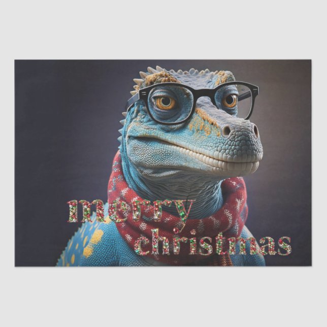 Papel De Seda Dinossauro azul vestindo cachecol de Natal (Frente )