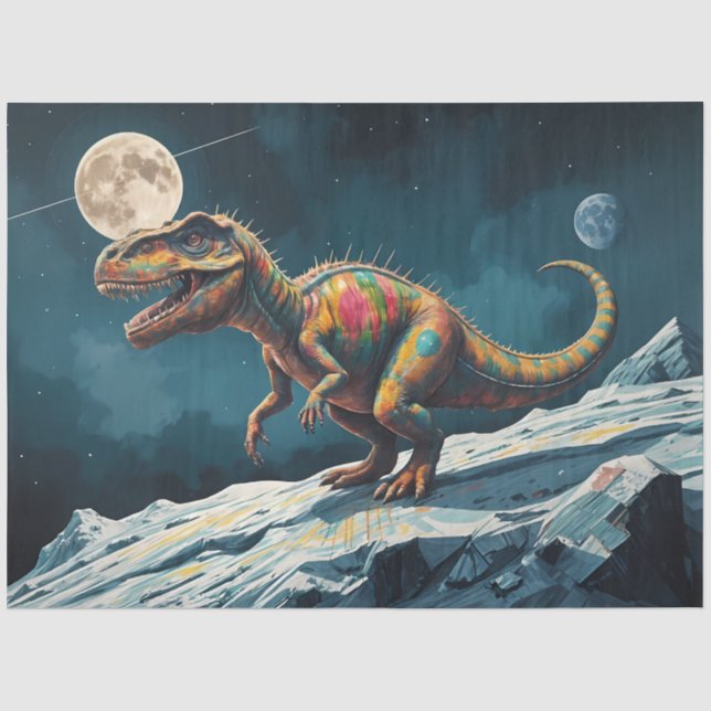 Papel De Seda Dinossauro Pintado Sob a Luz da Lua Pop Surrealist (Frente )