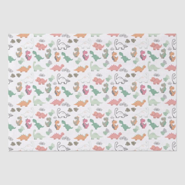 Papel De Seda Dinossauros Pastel em Fundo Branco (Frente )