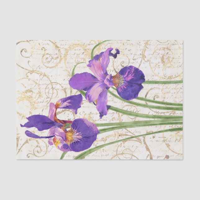 Papel De Seda Discussão de Script Dourado do Damask Roxo Floral (Frente )