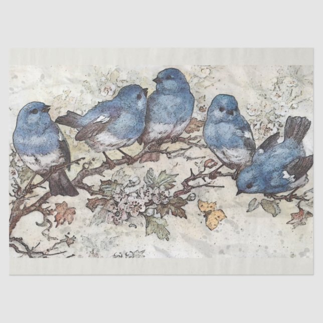 Papel De Seda Dissociação de Aquarelas de Bluebird e Blossomas (Frente )
