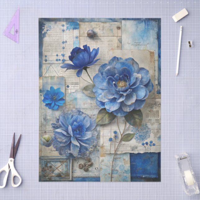 Papel De Seda Dissociação de Colagem Floral Azul Inspirada na Vi (Arte )