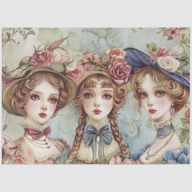 Papel De Seda Dissociação de Meninas Bonecas de Pastel Watercolo (Frente )