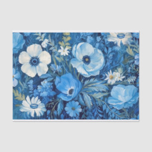 Papel De Seda Dissociação de padrão floral branco e azul elegant