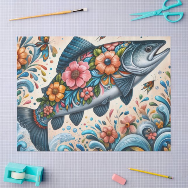 Papel De Seda Dissociação de Peixes de Salmão Florais Whimsérico (Arte )